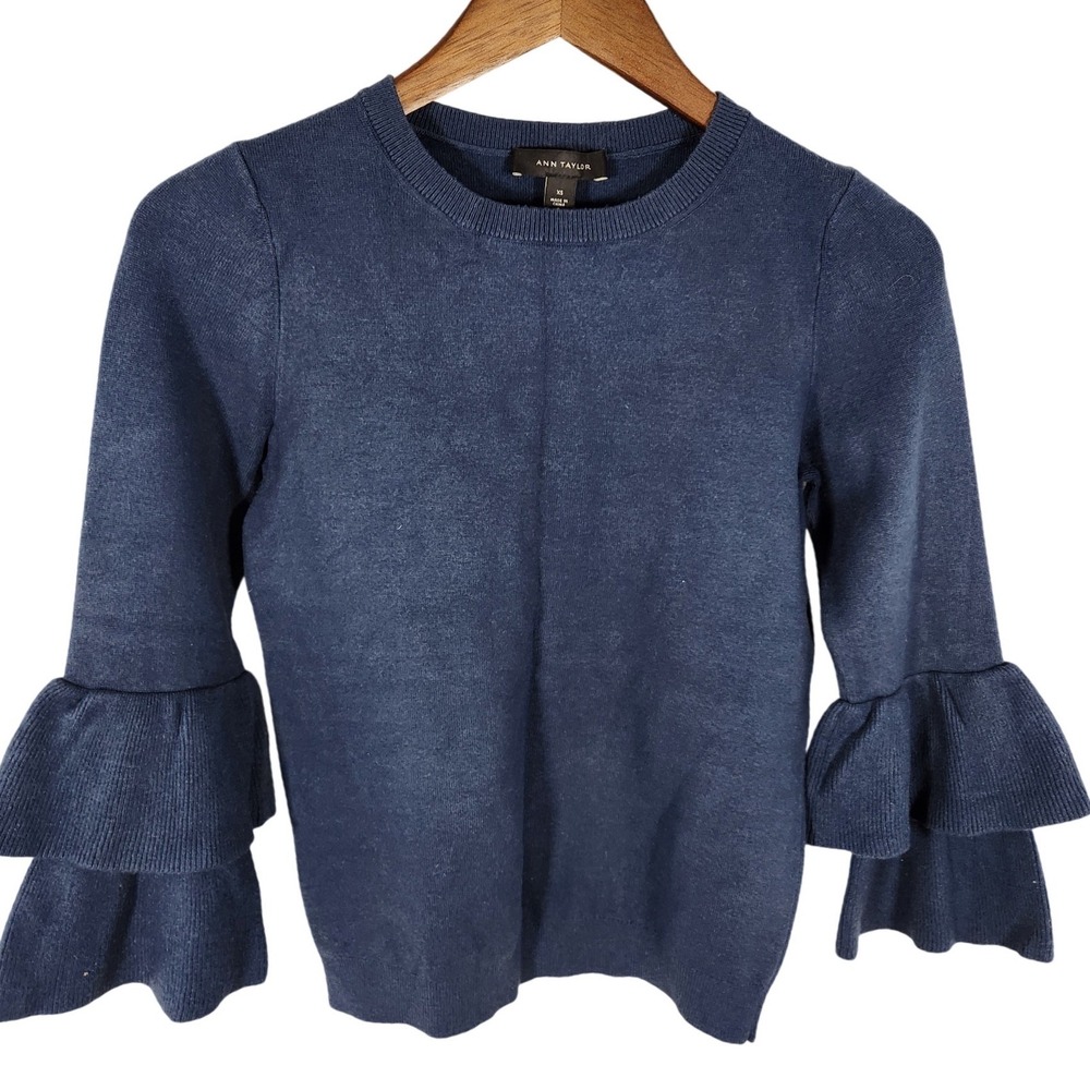 Ann Taylor Dark Teal Sweater Double‎ Ruffle 3/4 Sleeves Size XS